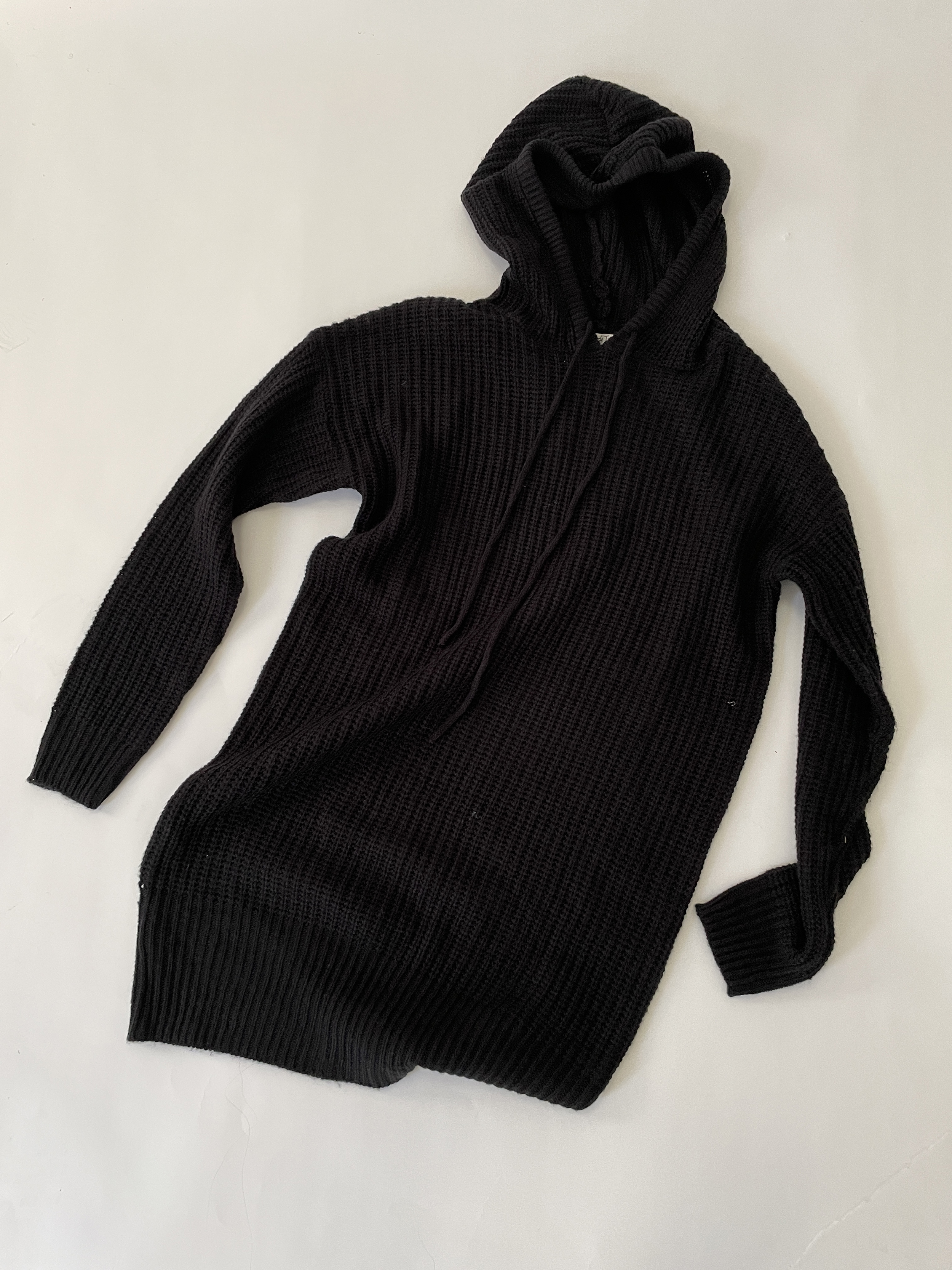 Long Sleeve Hooded Knit Sweater Dress (Black)