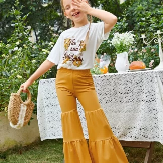 The sun is shining bright print tee & flare leg pants set